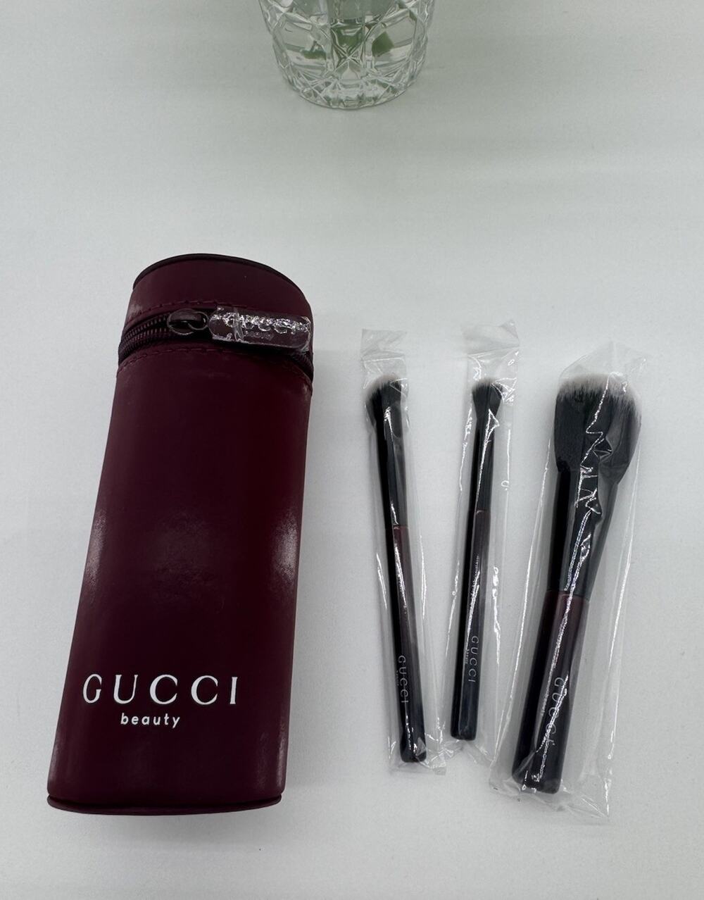 Gucci Makeup Brush Travel Set 3-Piece w/ Burgundy Zippered Tube Travel Case GWP